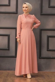 Neva Style - Puantiyeli Pudra Tesettür Elbise 2734PD - Thumbnail