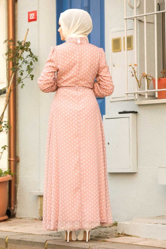 Neva Style - Puantiyeli Pudra Tesettür Elbise 27909PD - 2