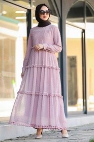 Neva Style - Puantiyeli Pudra Tesettür Elbise 4414PD - Thumbnail