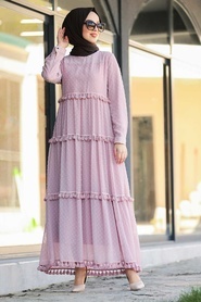 Neva Style - Puantiyeli Pudra Tesettür Elbise 4414PD - Thumbnail