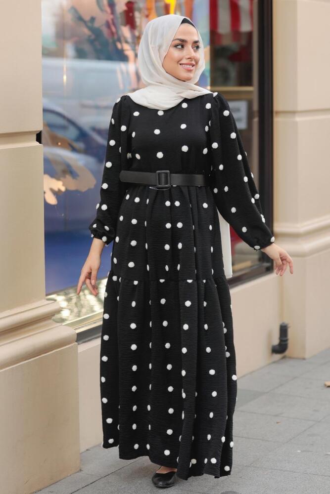 Neva Style - Puantiyeli Siyah Tesettür Elbise 10290S - 1