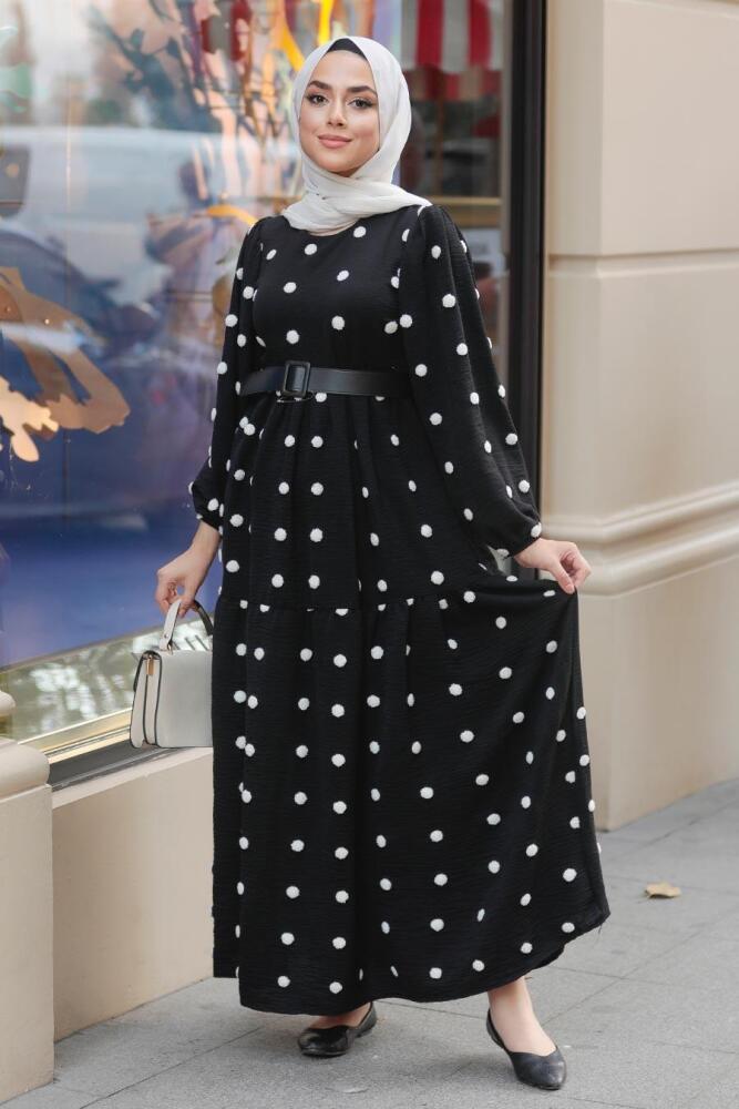 Neva Style - Puantiyeli Siyah Tesettür Elbise 10290S - 2