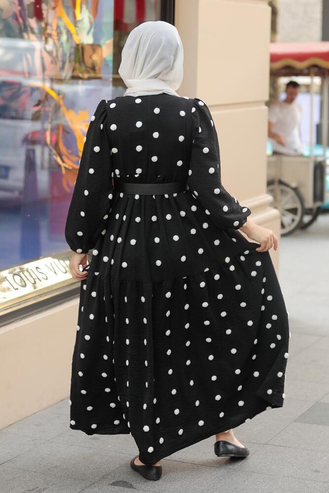 Neva Style - Puantiyeli Siyah Tesettür Elbise 10290S - 3
