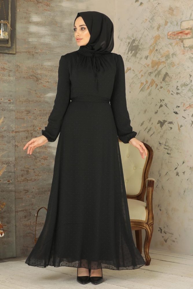 Neva Style - Puantiyeli Siyah Tesettür Elbise 2734S - 1