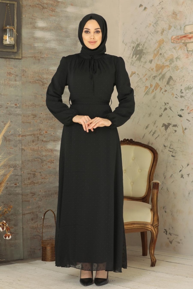 Neva Style - Puantiyeli Siyah Tesettür Elbise 2734S - 2