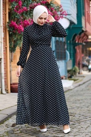 Neva Style - Puantiyeli Siyah Tesettür Elbise 27909S - Thumbnail