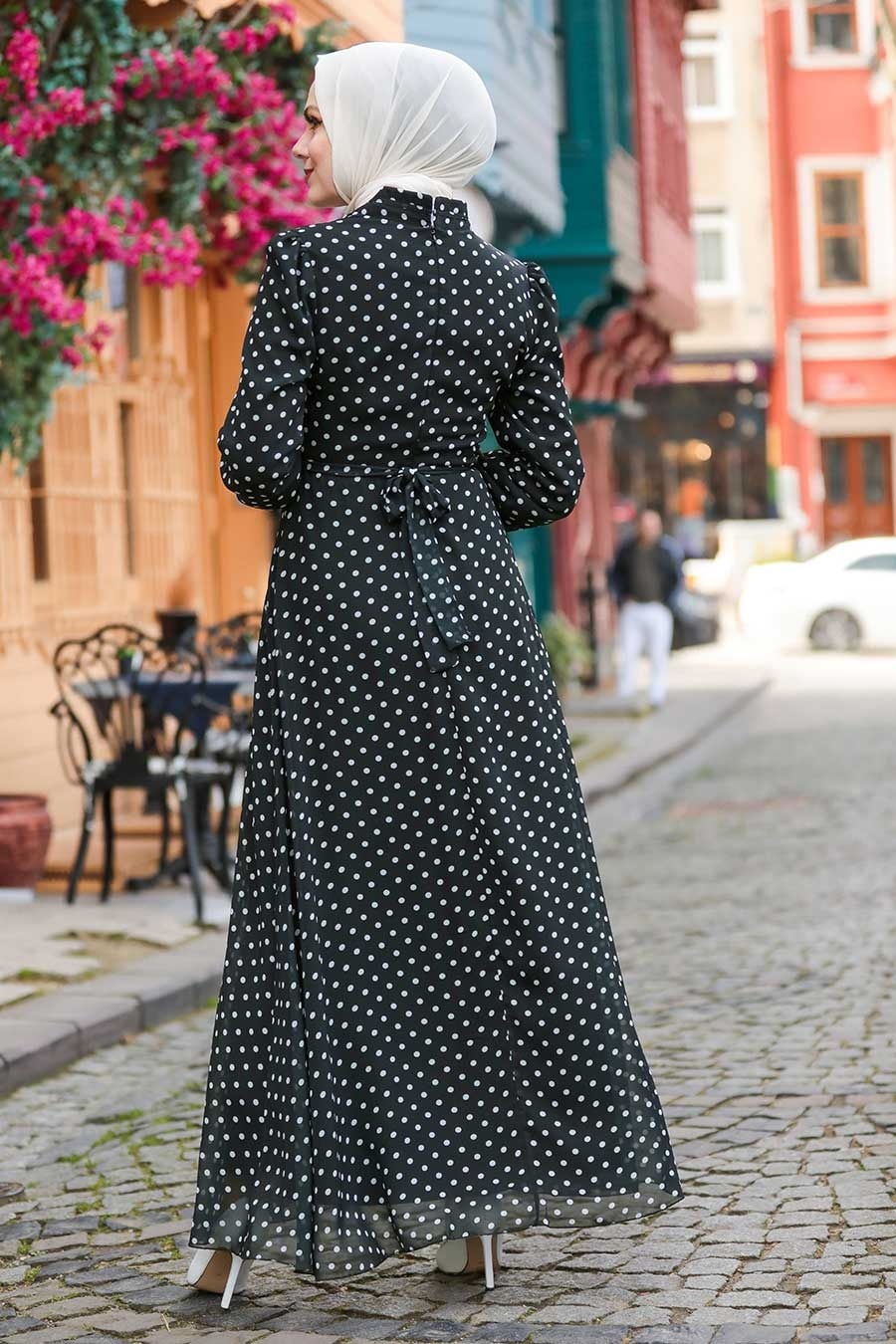 Neva Style - Puantiyeli Siyah Tesettür Elbise 27909S
