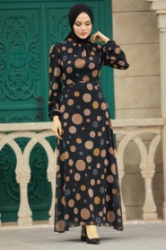 Neva Style - Puantiyeli Siyah Tesettür Elbise 27934S - Thumbnail