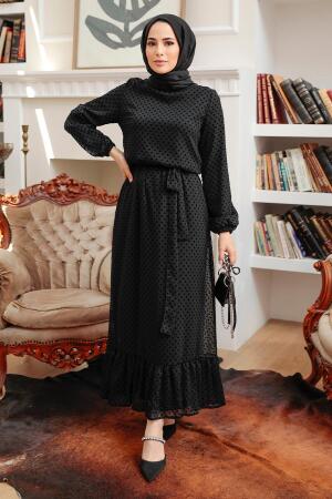 Neva Style - Puantiyeli Siyah Tesettür Elbise 54730S - 3