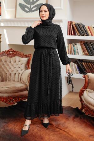 Neva Style - Puantiyeli Siyah Tesettür Elbise 54730S - 1