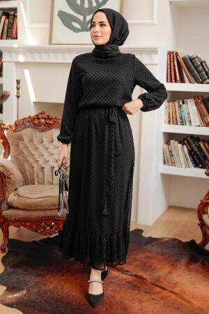 Neva Style - Puantiyeli Siyah Tesettür Elbise 54730S - 2
