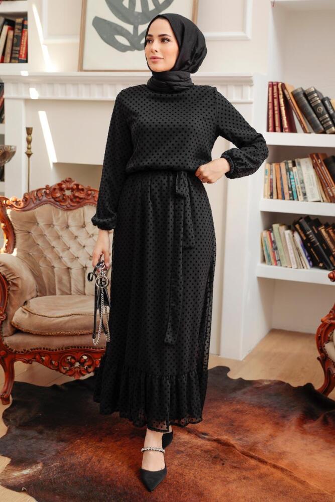 Neva Style - Puantiyeli Siyah Tesettür Elbise 54730S - 2