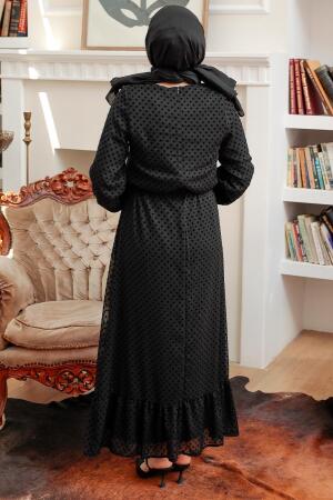 Neva Style - Puantiyeli Siyah Tesettür Elbise 54730S - 4