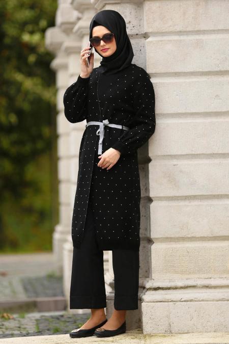 Neva Style - Puantiyeli Siyah Tesettür Triko Hırka 2833S - 2