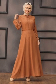 Neva Style - Puantiyeli Taba Tesettür Elbise 2734TB - Thumbnail
