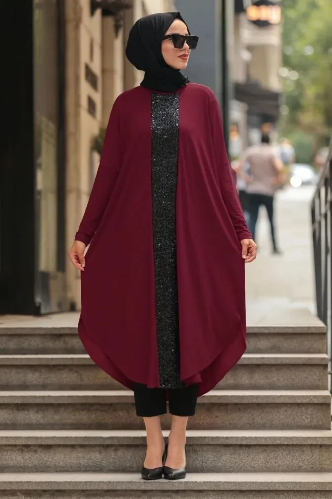  Pul Detaylı Bordo Tesettür Tunik 48460BR - 1