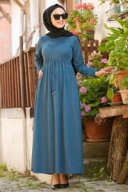 Neva Style - Pul Detaylı İndigo Mavisi Tesettür Elbise 3336IM - Thumbnail
