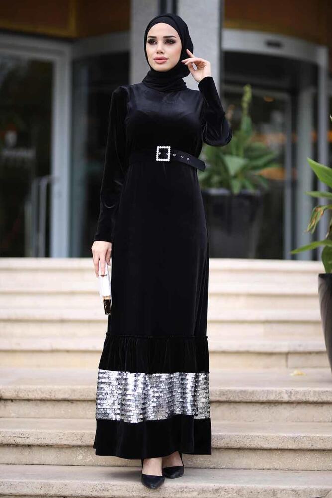 Neva Style - Pul Payet Detaylı Siyah Tesettür Kadife Elbise 11023S - 1