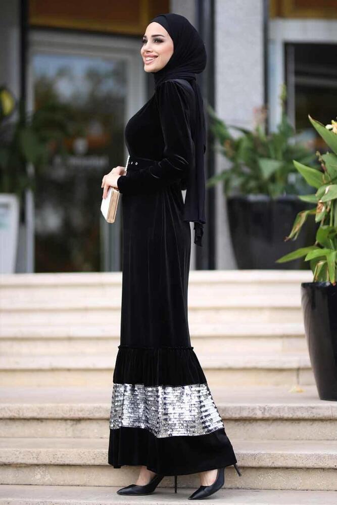 Neva Style - Pul Payet Detaylı Siyah Tesettür Kadife Elbise 11023S - 2