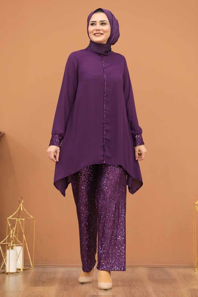 Neva Style - Pul Payet İşlemeli Mürdüm Tesettür İkili Takım 1207MU - 1