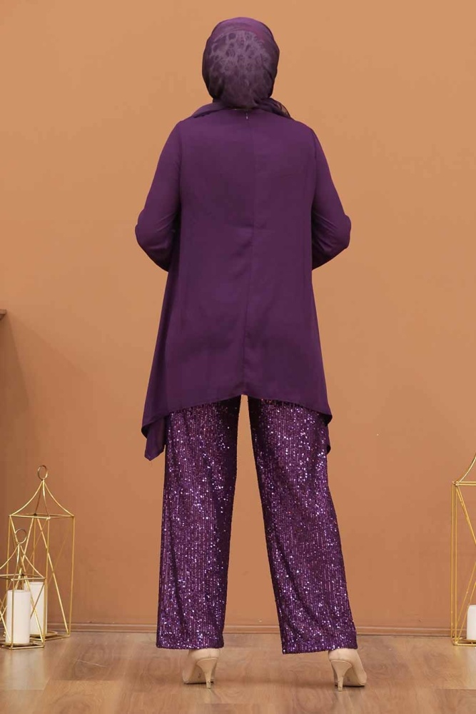 Neva Style - Pul Payet İşlemeli Mürdüm Tesettür İkili Takım 1207MU - 2