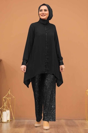 Neva Style - Pul Payet İşlemeli Siyah Tesettür İkili Takım 1207S - 1