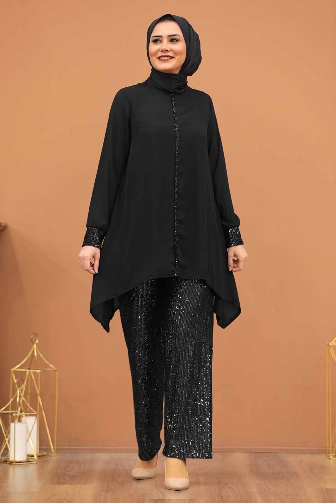 Neva Style - Pul Payet İşlemeli Siyah Tesettür İkili Takım 1207S - 1