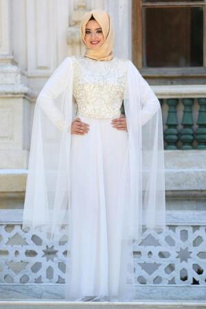 Neva Style - Pul Payetli Beyaz Tesettür Abiye Elbise 3004B - 1