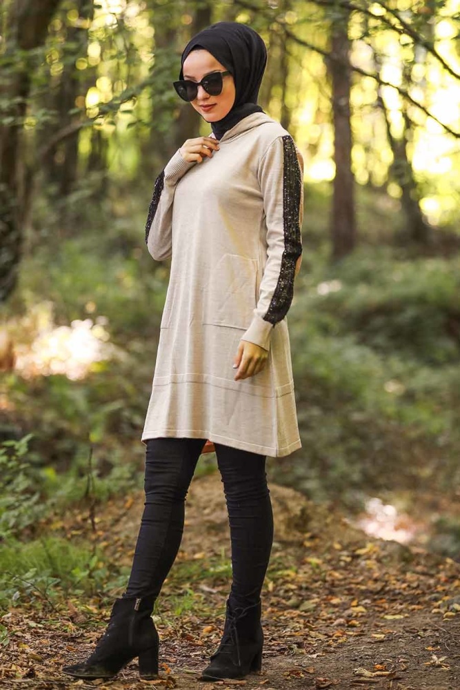 Neva Style - Pul Payetli Kapşonlu Bej Tesettür Triko Tunik 14603BEJ - 1