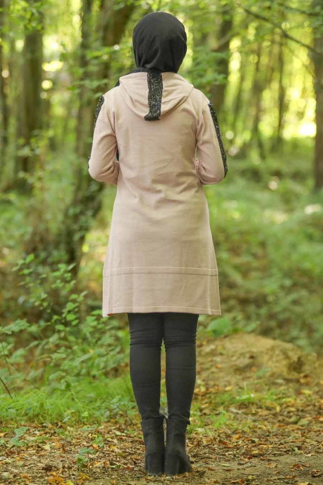 Neva Style - Pul Payetli Kapşonlu Bej Tesettür Triko Tunik 14603BEJ - 3