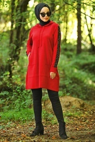 Neva Style - Pul Payetli Kapşonlu Kırmızı Tesettür Triko Tunik 14603K - Thumbnail