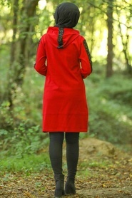 Neva Style - Pul Payetli Kapşonlu Kırmızı Tesettür Triko Tunik 14603K - Thumbnail
