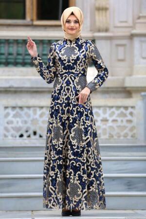 Neva Style - Pul Payetli Lacivert Tesettür Abiye Elbise 3574L - 1