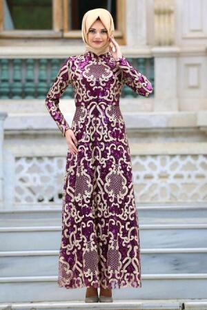 Neva Style - Pul Payetli Mürdüm Tesettür Abiye Elbise 3574MU - 1