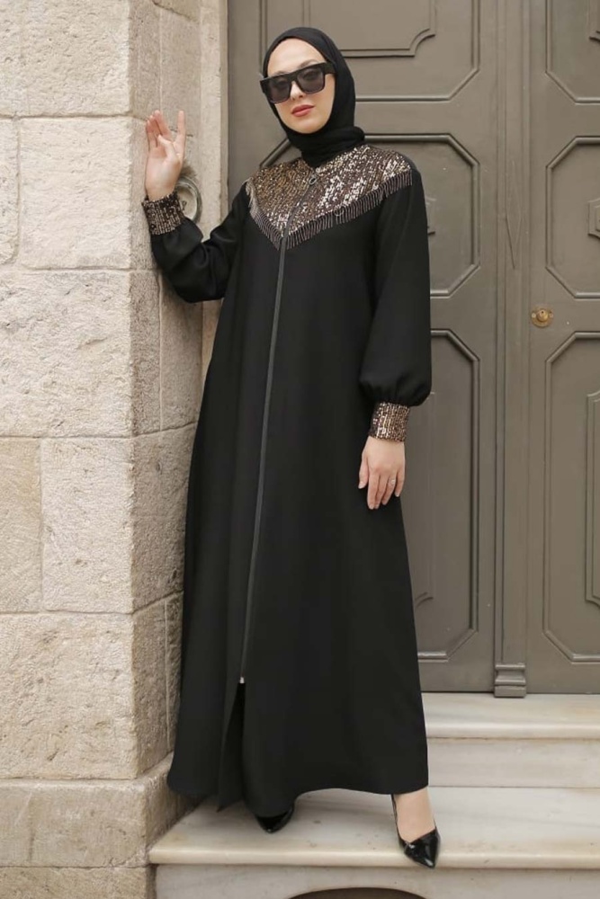  Pul Payetli Siyah Tesettür Ferace 3236S - 1