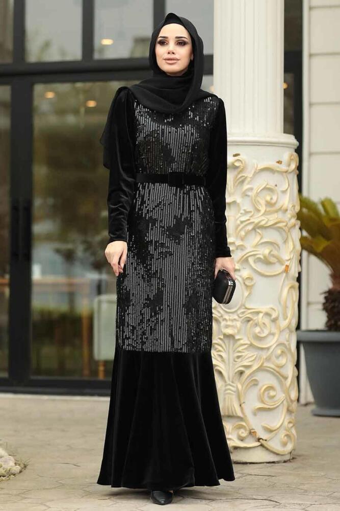 Neva Style - Pul Payetli Siyah Tesettür Kadife Elbise 11021S - 1