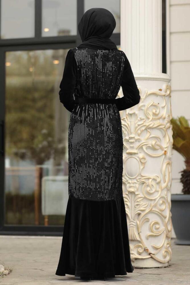 Neva Style - Pul Payetli Siyah Tesettür Kadife Elbise 11021S - 2