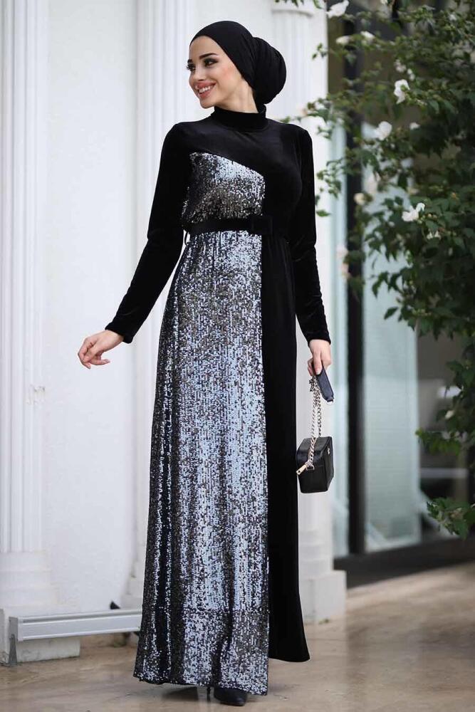Neva Style - Pul Payetli Siyah Tesettür Kadife Elbise 9129S - 1