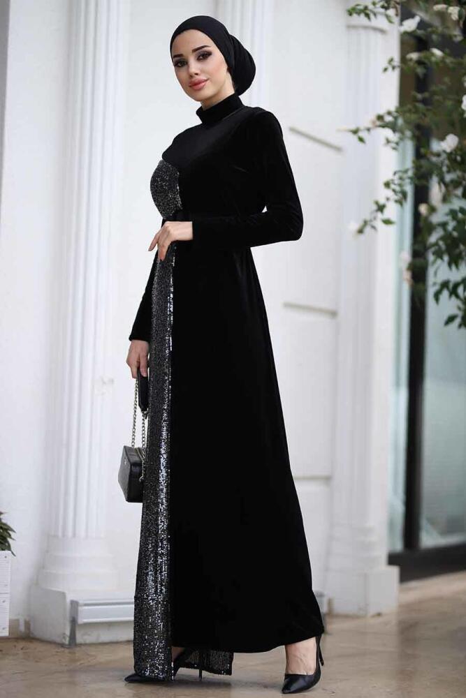 Neva Style - Pul Payetli Siyah Tesettür Kadife Elbise 9129S - 2