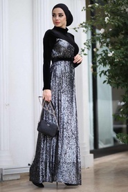 Neva Style - Pul Payetli Siyah Tesettür Kadife Elbise 9129S - Thumbnail