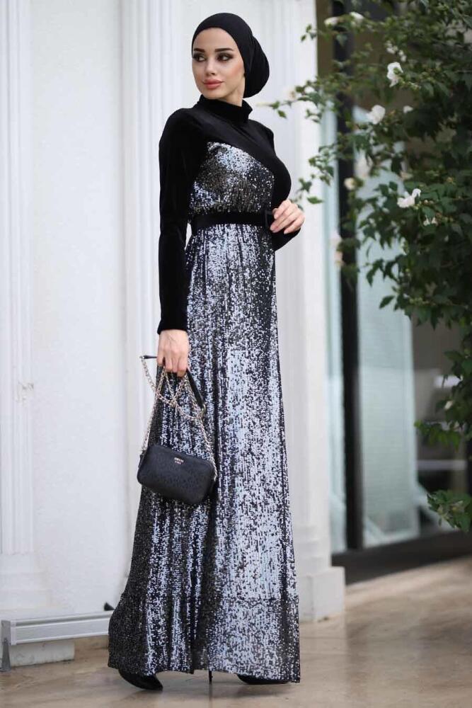 Neva Style - Pul Payetli Siyah Tesettür Kadife Elbise 9129S - 3