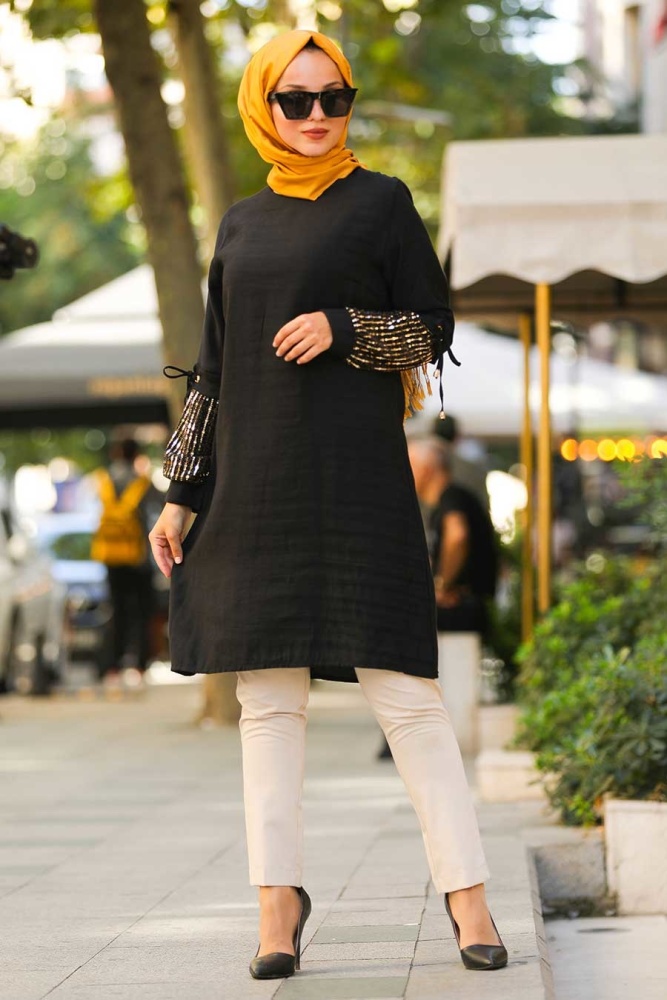 Neva Style - Pul Payetli Siyah Tesettür Tunik 3982S - 1