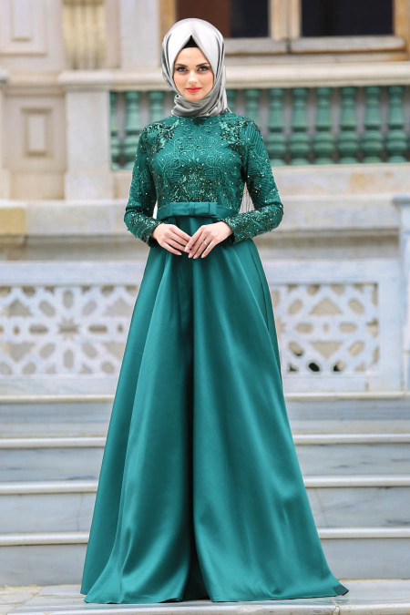 Neva Style - Pul Payetli Yeşil Tesettür Abiye Elbise 3501Y