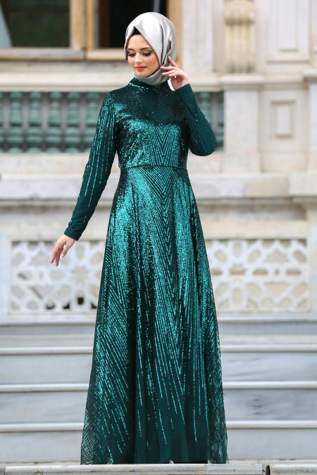 Neva Style - Pul Payetli Yeşil Tesettür Abiye Elbise 3558Y