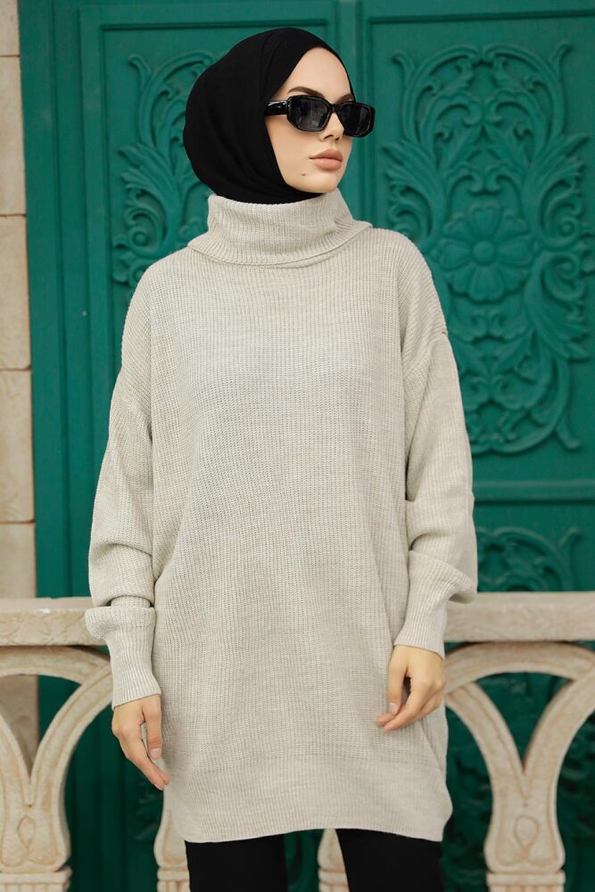 Neva Style - Pull en maille Hijab Beige 40510BEJ - 1