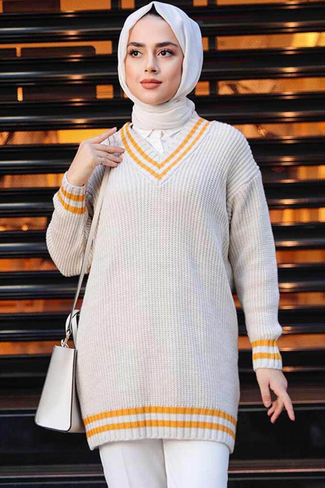 Neva Style - Pull en maille hijab moutarde 7854HR - 2