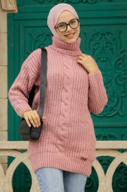 Neva Style - Pull en maille Hijab rose séchée 30051GK - Thumbnail