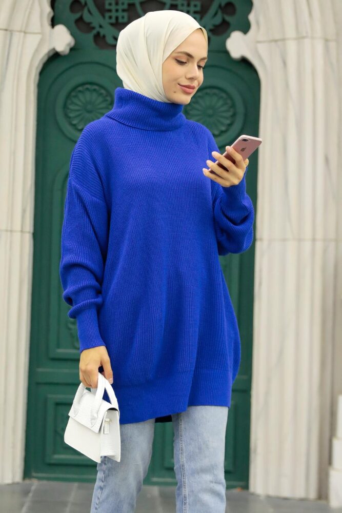 Neva Style - Pull en Tricot Hijab Bleu Sax 40510SX - 1