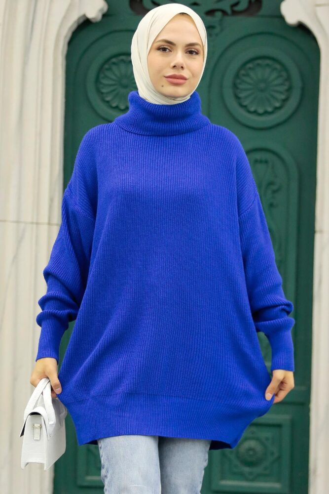 Neva Style - Pull en Tricot Hijab Bleu Sax 40510SX - 2