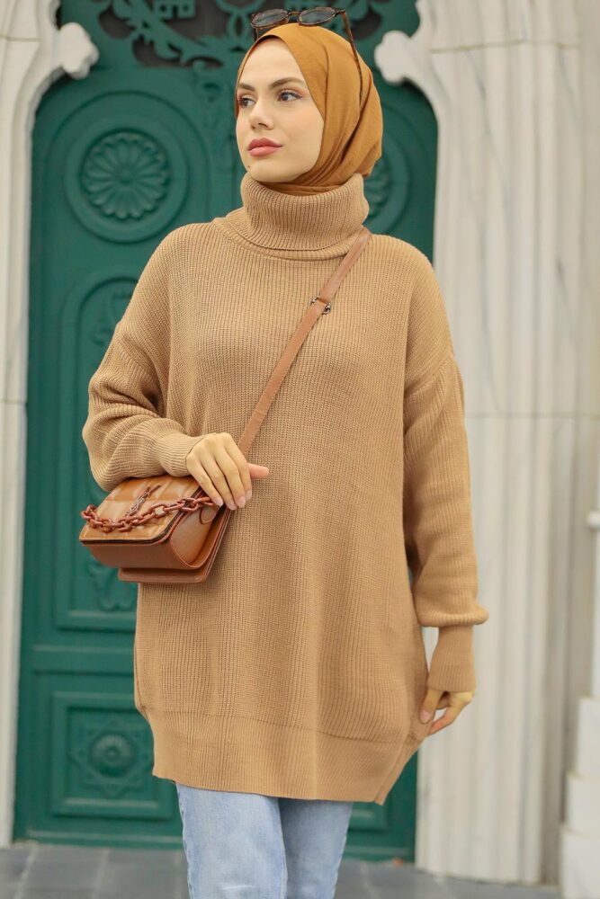 Neva Style - Pull en Tricot Hijab Camel 40510C - 1